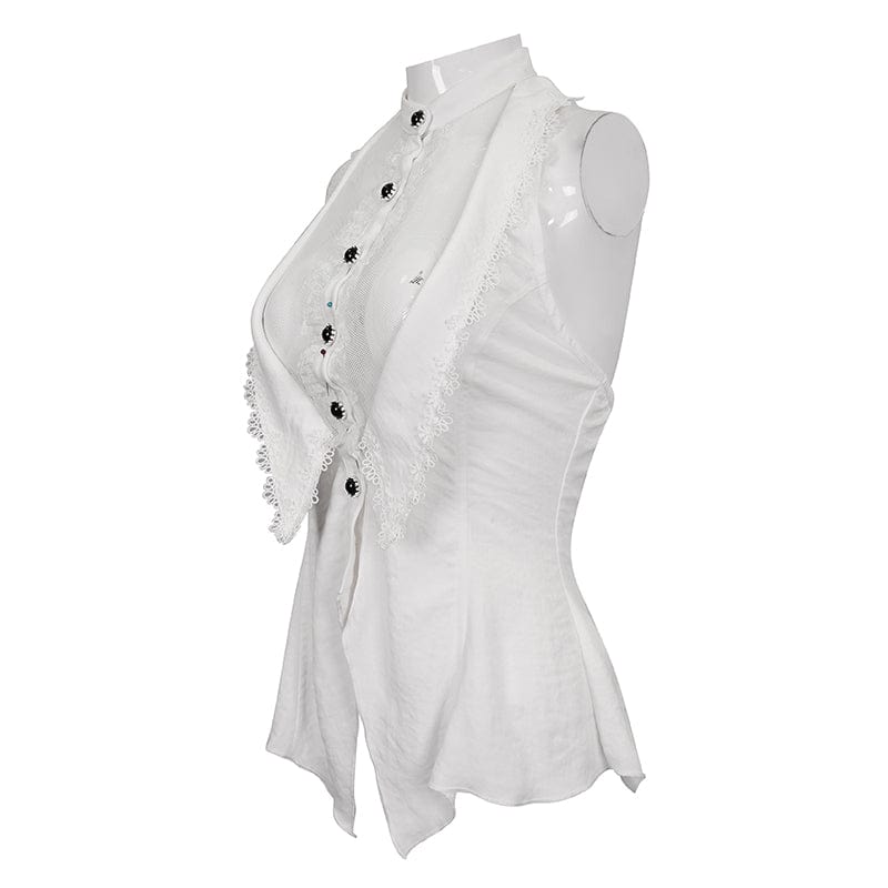 Women's Gothic Strappy Floral Embroidered Ruffled White Vest