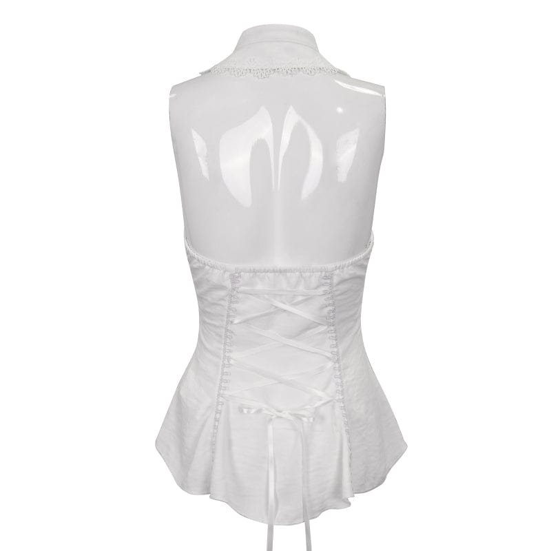 Women's Gothic Strappy Floral Embroidered Ruffled White Vest