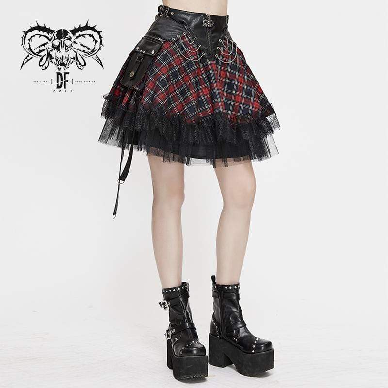 Women's Gothic Strappy Mesh Plaid Skirts With Chains