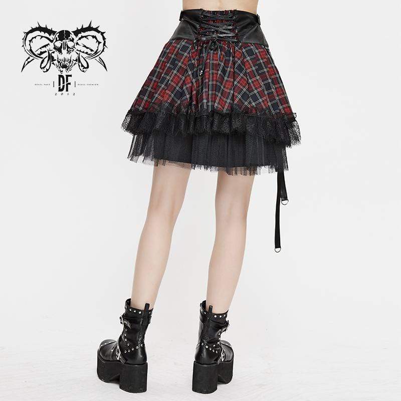 Women's Gothic Strappy Mesh Plaid Skirts With Chains