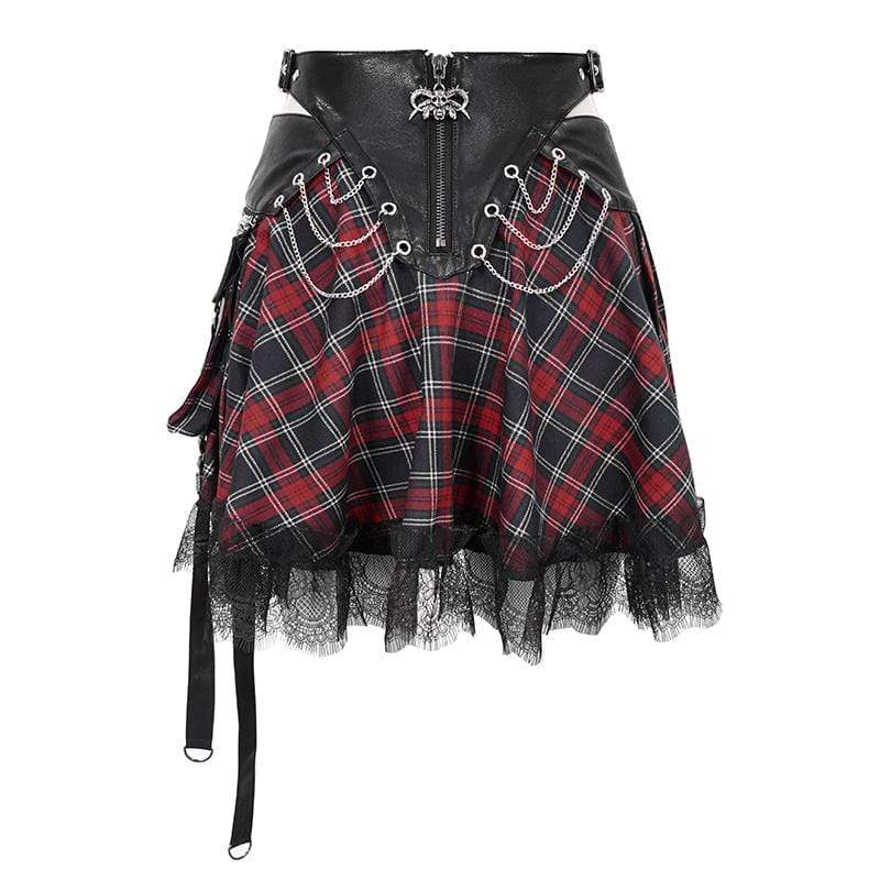 Women's Gothic Strappy Mesh Plaid Skirts With Chains