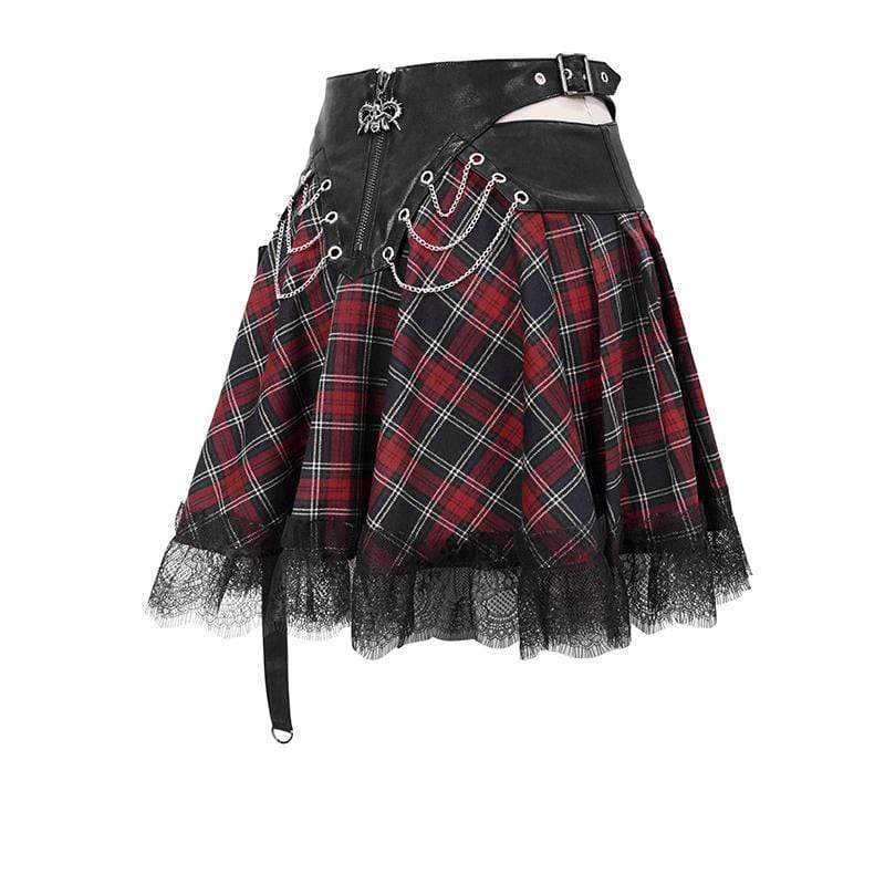 Women's Gothic Strappy Mesh Plaid Skirts With Chains