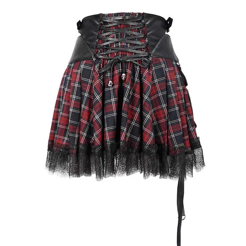 Women's Gothic Strappy Mesh Plaid Skirts With Chains
