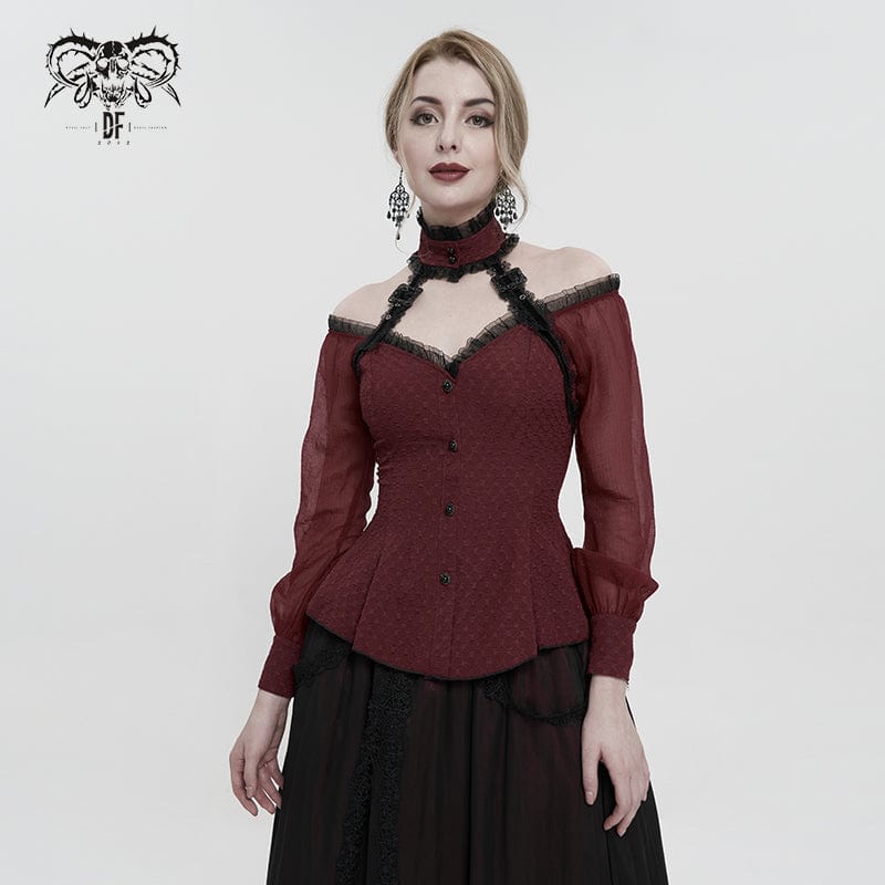 Women's Gothic Strappy Off Shoulder Halterneck Shirt Red