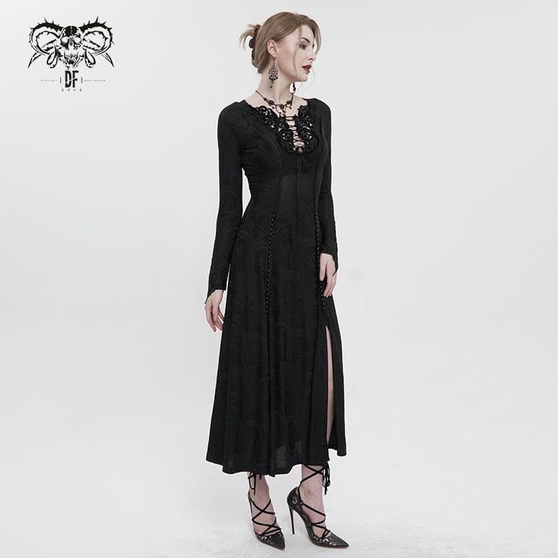 Women's Gothic Strappy Plunging Floral Embroidered Dress