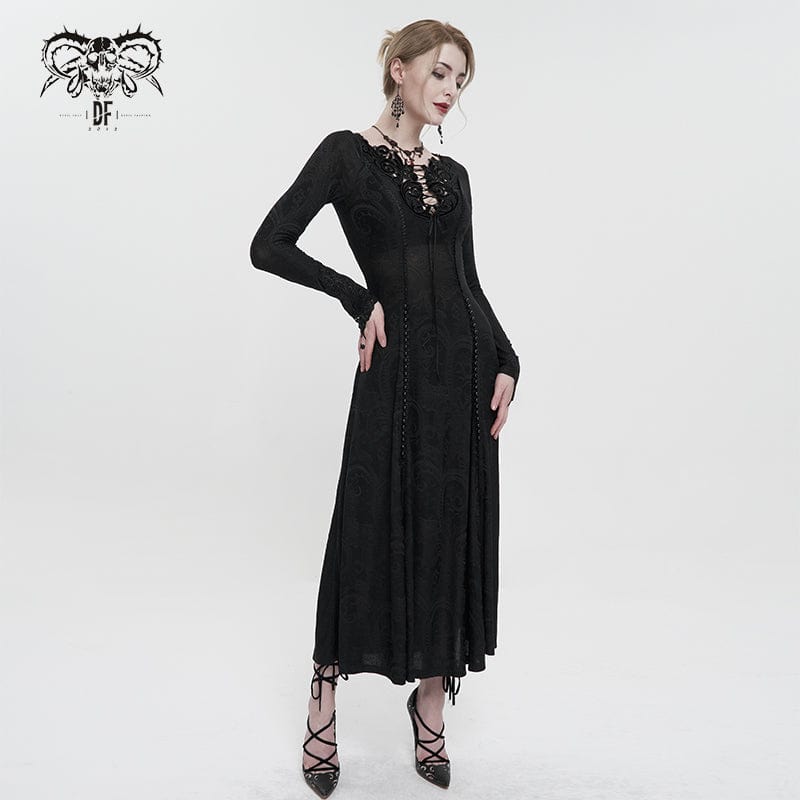 Women's Gothic Strappy Plunging Floral Embroidered Dress