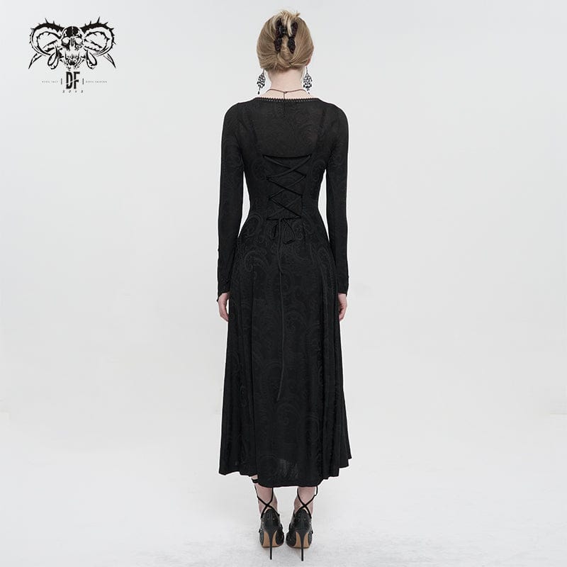 Women's Gothic Strappy Plunging Floral Embroidered Dress