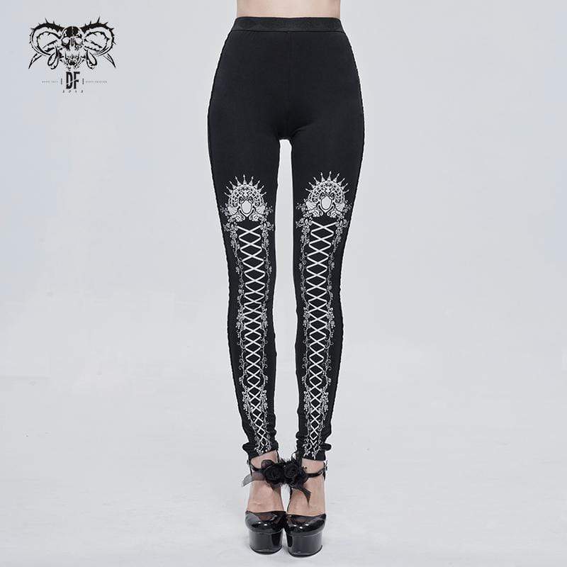 Women's Gothic Strappy Printed Leggings White