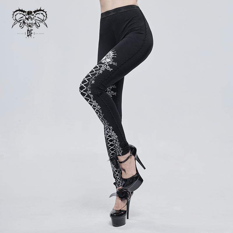 Women's Gothic Strappy Printed Leggings White