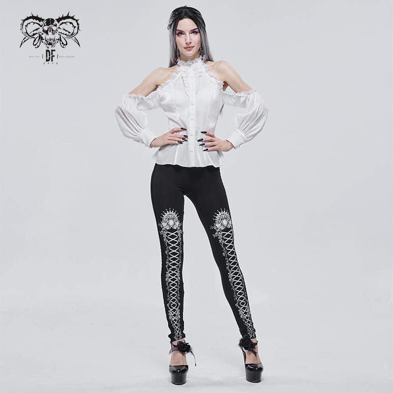 Women's Gothic Strappy Printed Leggings White
