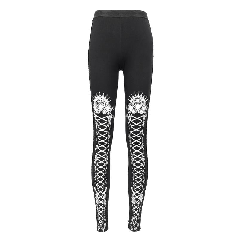 Women's Gothic Strappy Printed Leggings White