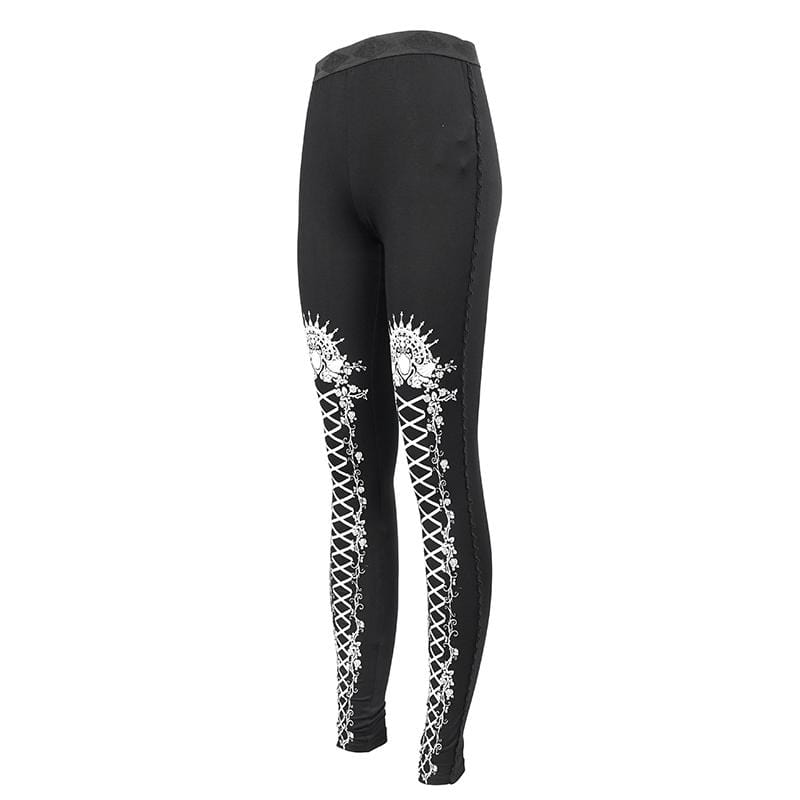 Women's Gothic Strappy Printed Leggings White