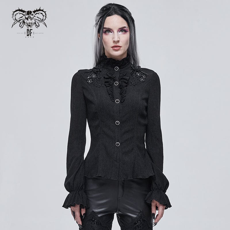 Women's Gothic Strappy Puff Sleeved Ruched Black Shirt