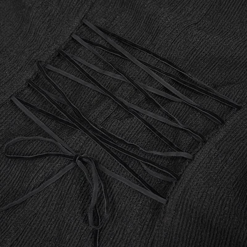 Women's Gothic Strappy Puff Sleeved Ruched Black Shirt