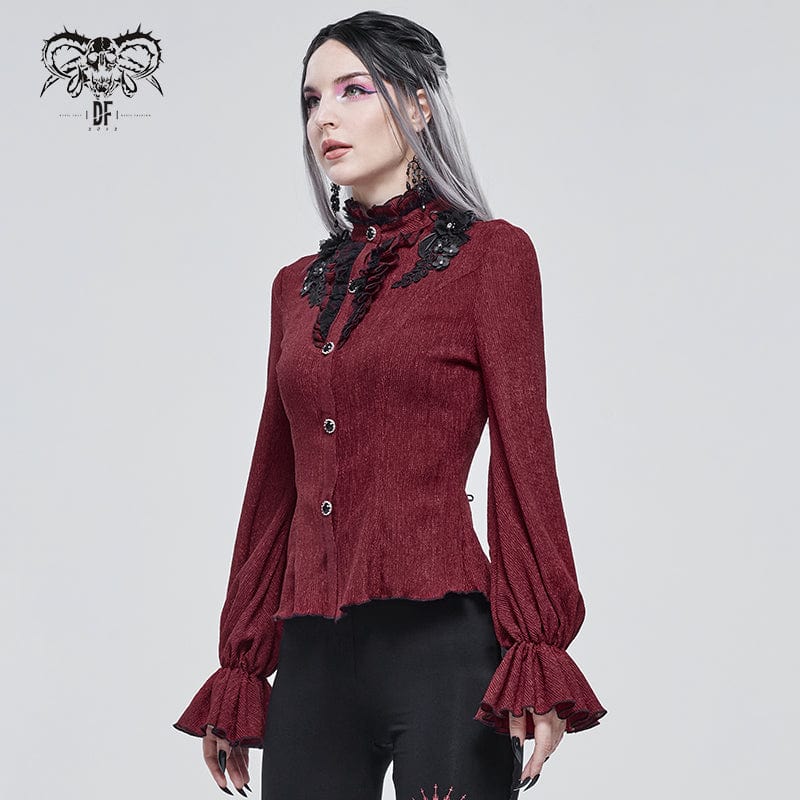 Women's Gothic Strappy Puff Sleeved Ruched Red Shirt