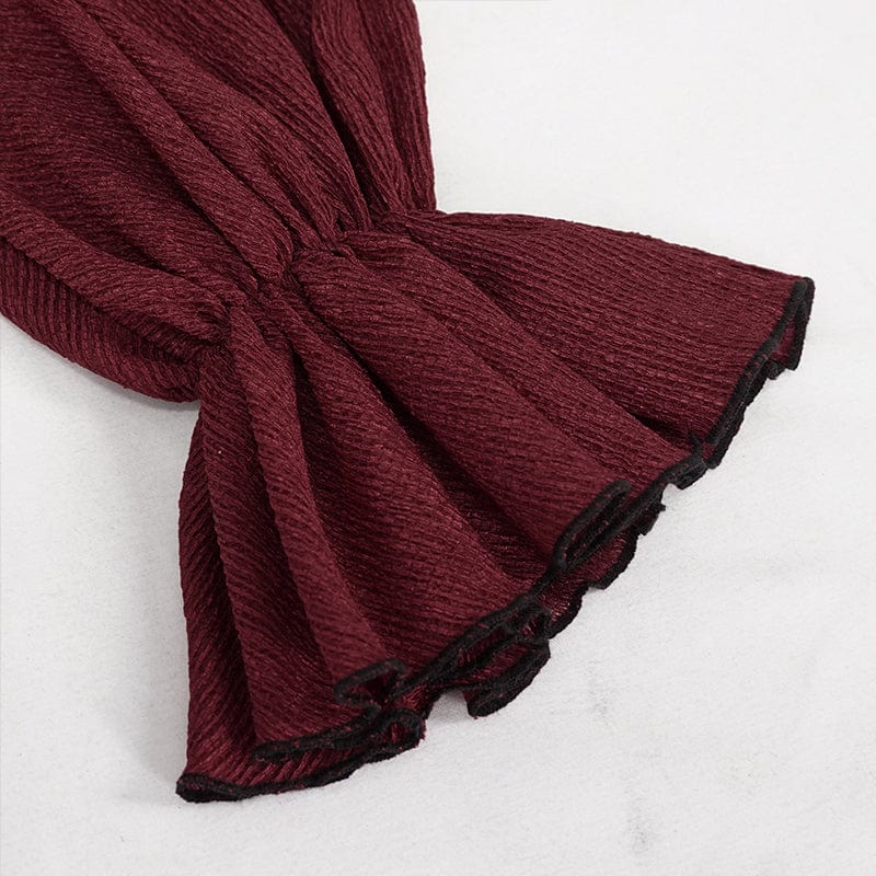 Women's Gothic Strappy Puff Sleeved Ruched Red Shirt