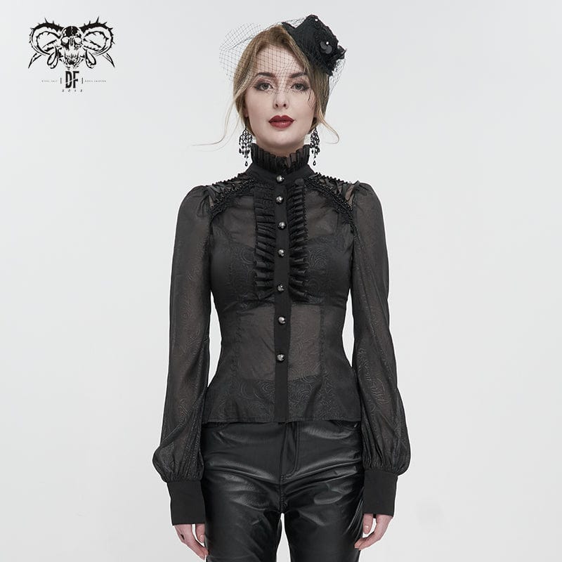 Women's Gothic Strappy Stand Collar Ruffled Shirt