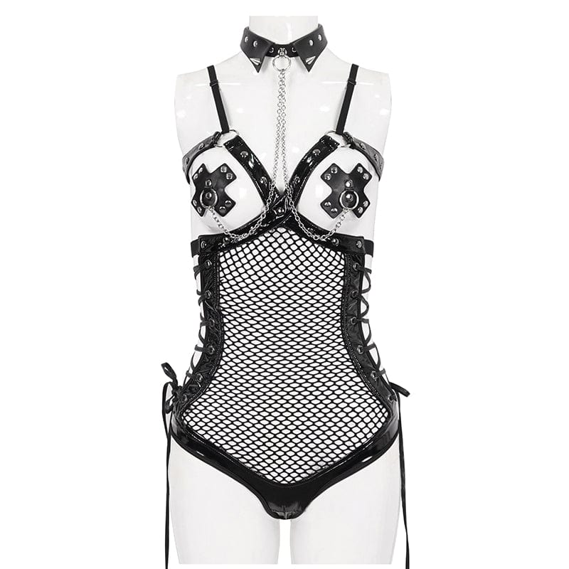 Women's Gothic Studded Mesh Splice Patent Leather Bodysuit with Choker
