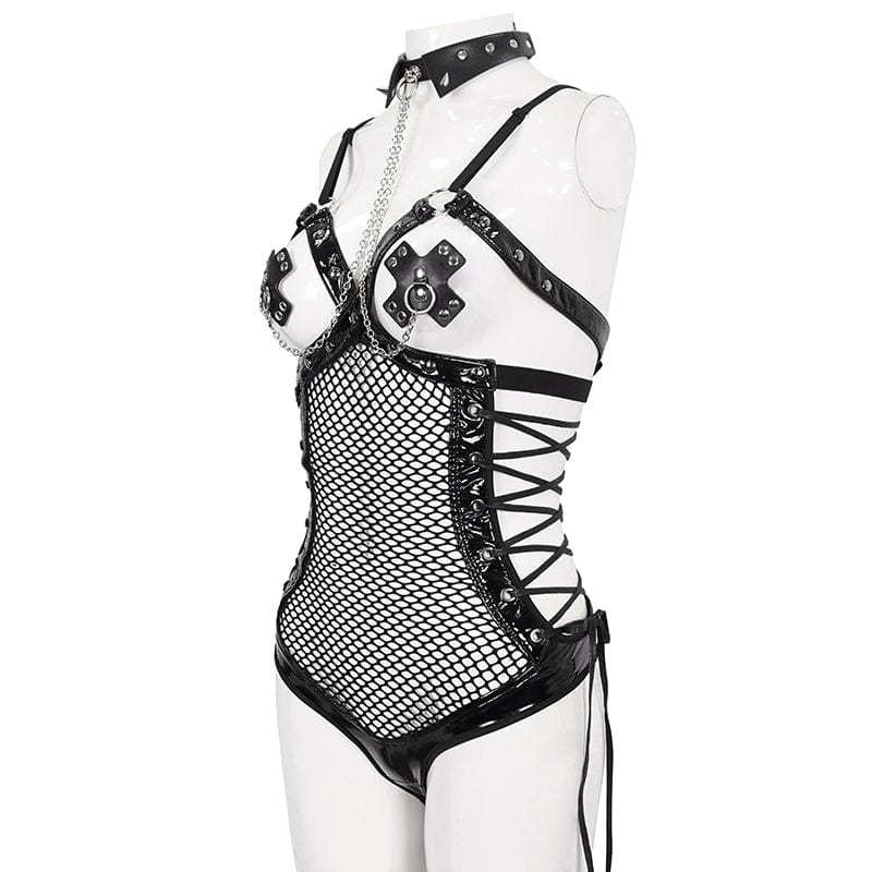 Women's Gothic Studded Mesh Splice Patent Leather Bodysuit with Choker