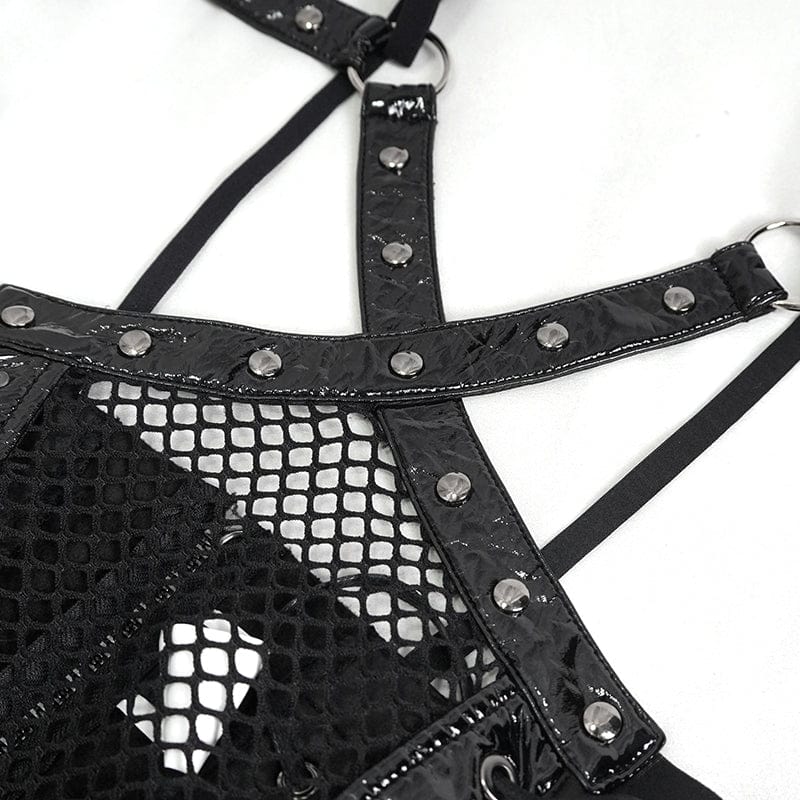 Women's Gothic Studded Mesh Splice Patent Leather Bodysuit with Choker