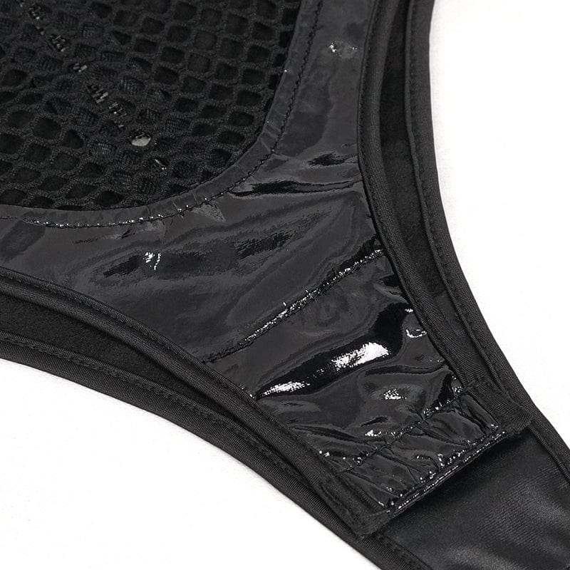 Women's Gothic Studded Mesh Splice Patent Leather Bodysuit with Choker
