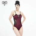 Women's Gothic Wine Red One Piece Cutout Swimsuit with Black Straps