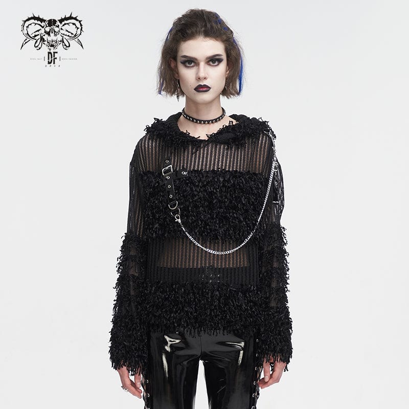 Women's Punk Distressed Sheer Sweater with Hood and Chain