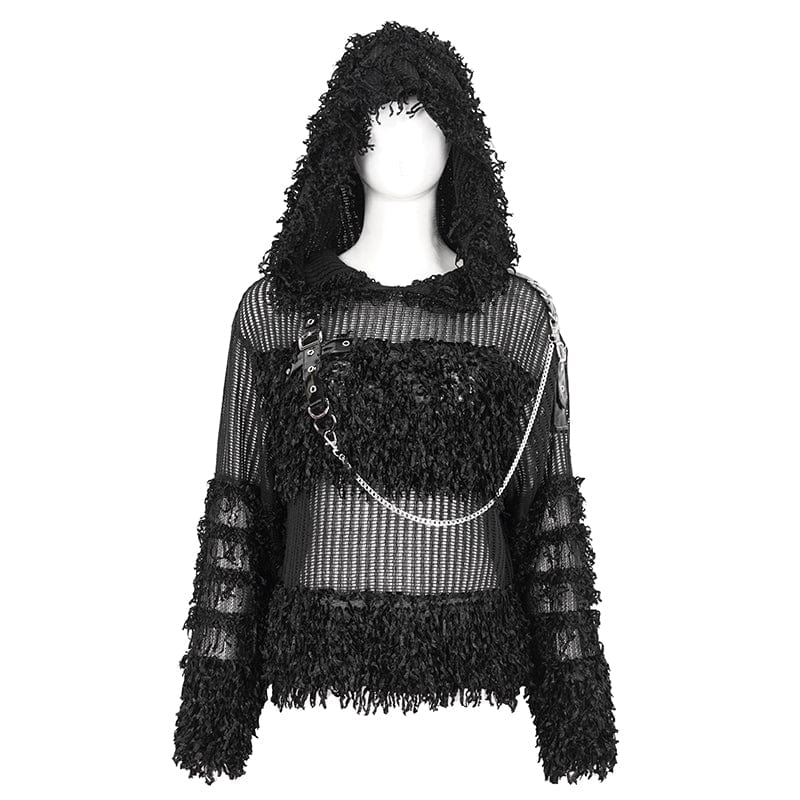 Women's Punk Distressed Sheer Sweater with Hood and Chain