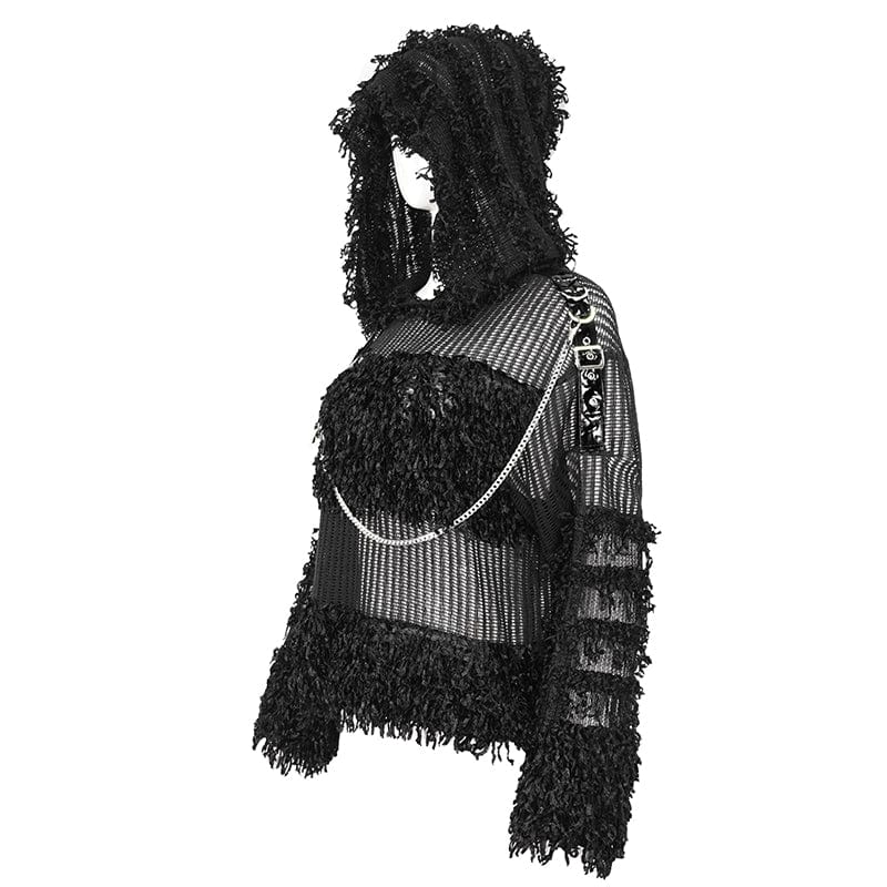 Women's Punk Distressed Sheer Sweater with Hood and Chain