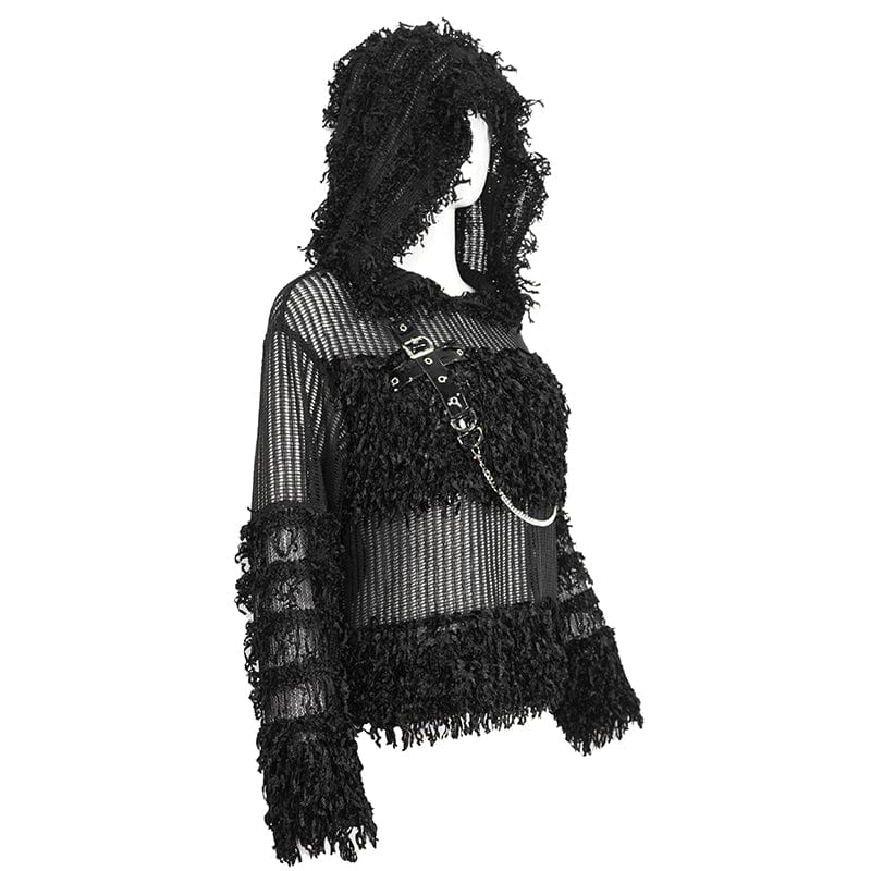 Women's Punk Distressed Sheer Sweater with Hood and Chain