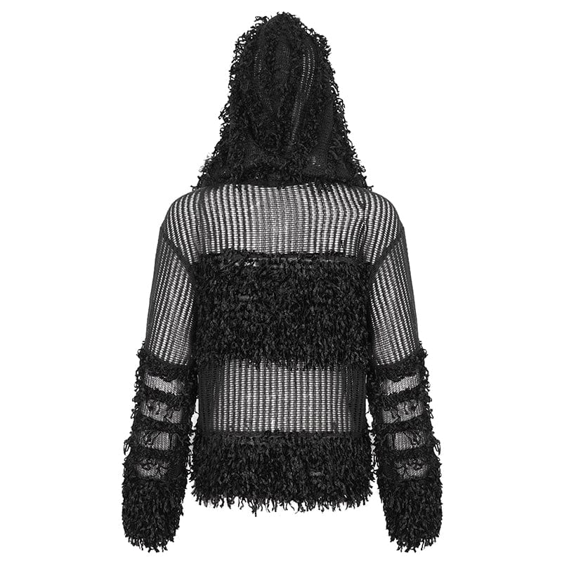 Women's Punk Distressed Sheer Sweater with Hood and Chain