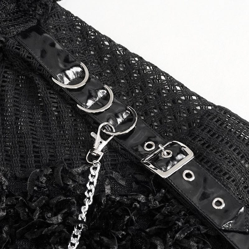 Women's Punk Distressed Sheer Sweater with Hood and Chain