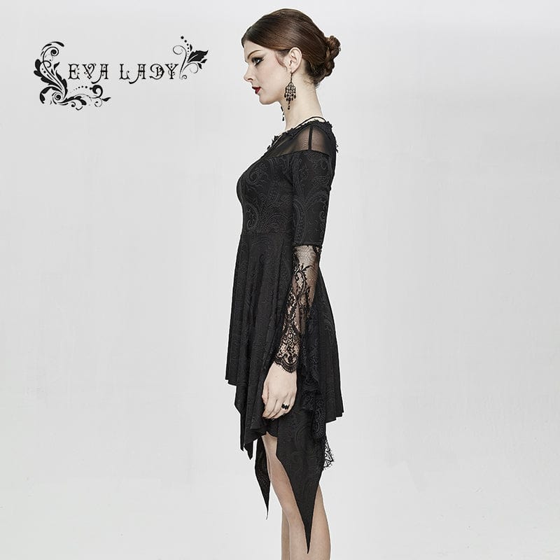 Women's Boat Neck Jacquard Sheer Lace Sleeved Dresses