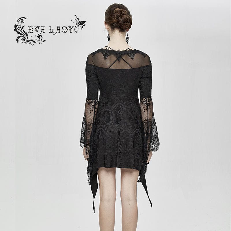 Women's Boat Neck Jacquard Sheer Lace Sleeved Dresses