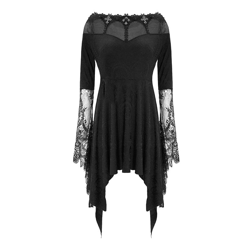 Women's Boat Neck Jacquard Sheer Lace Sleeved Dresses