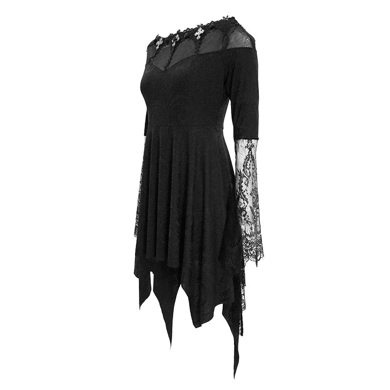 Women's Boat Neck Jacquard Sheer Lace Sleeved Dresses
