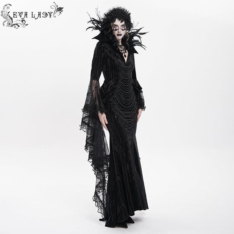 Women's Custom-made Gothic Feather Chain Plunging Long Sleeved Gown Black Dress