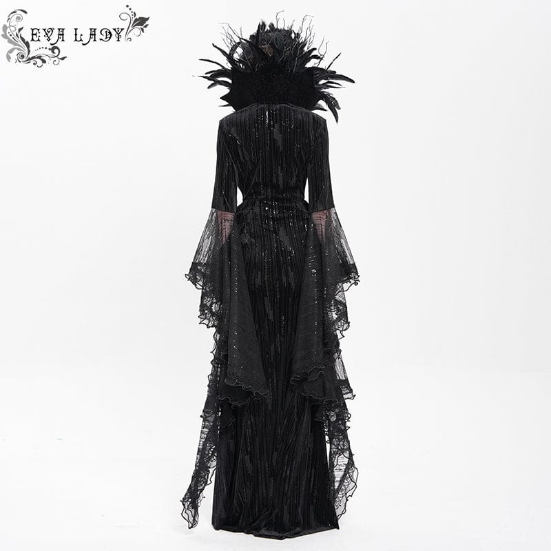Women's Custom-made Gothic Feather Chain Plunging Long Sleeved Gown Black Dress