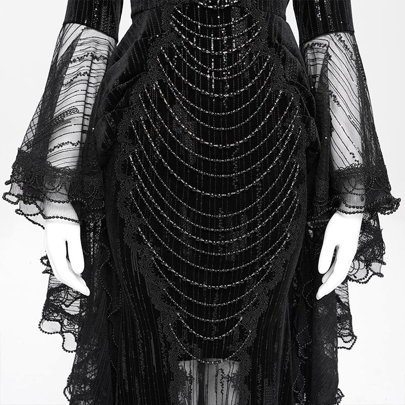 Women's Custom-made Gothic Feather Chain Plunging Long Sleeved Gown Black Dress