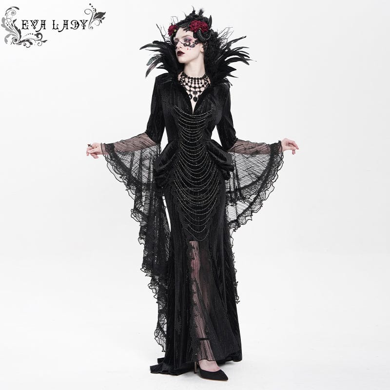 Women's Custom-made Gothic Feather Chain Plunging Long Sleeved Gown Black Dress