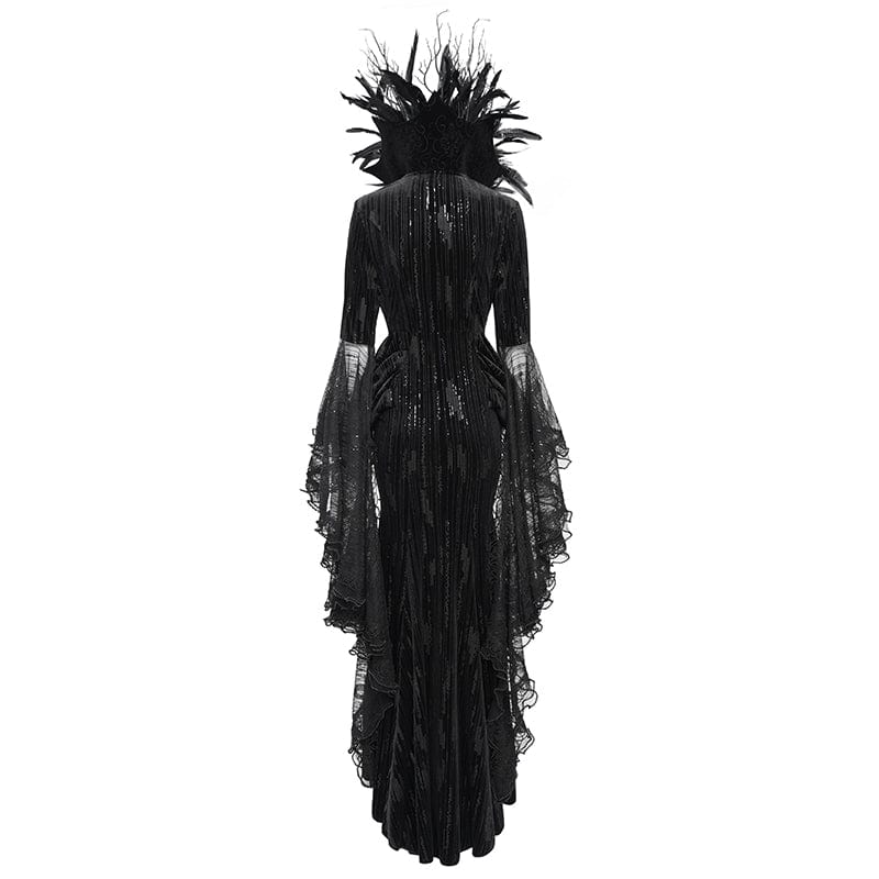 Women's Custom-made Gothic Feather Chain Plunging Long Sleeved Gown Black Dress