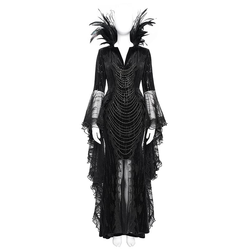 Women's Custom-made Gothic Feather Chain Plunging Long Sleeved Gown Black Dress