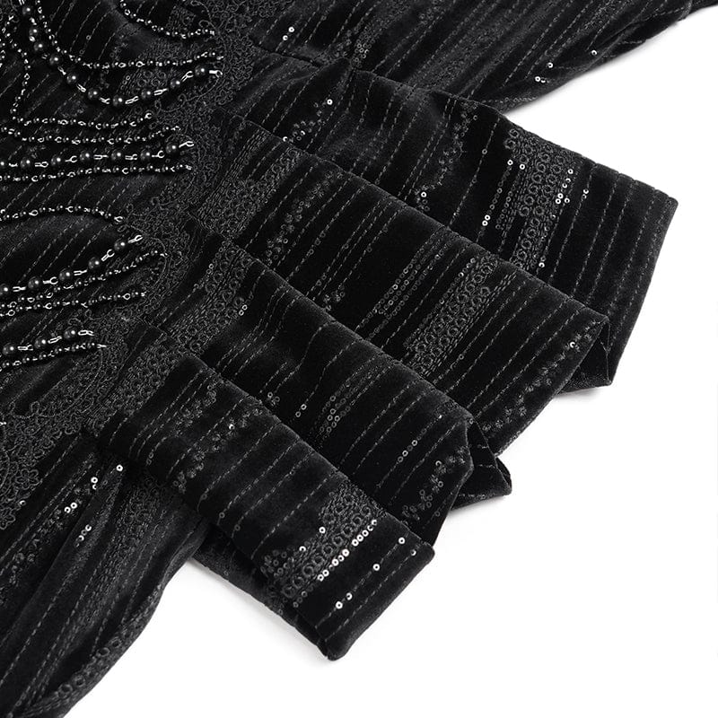 Women's Custom-made Gothic Feather Chain Plunging Long Sleeved Gown Black Dress