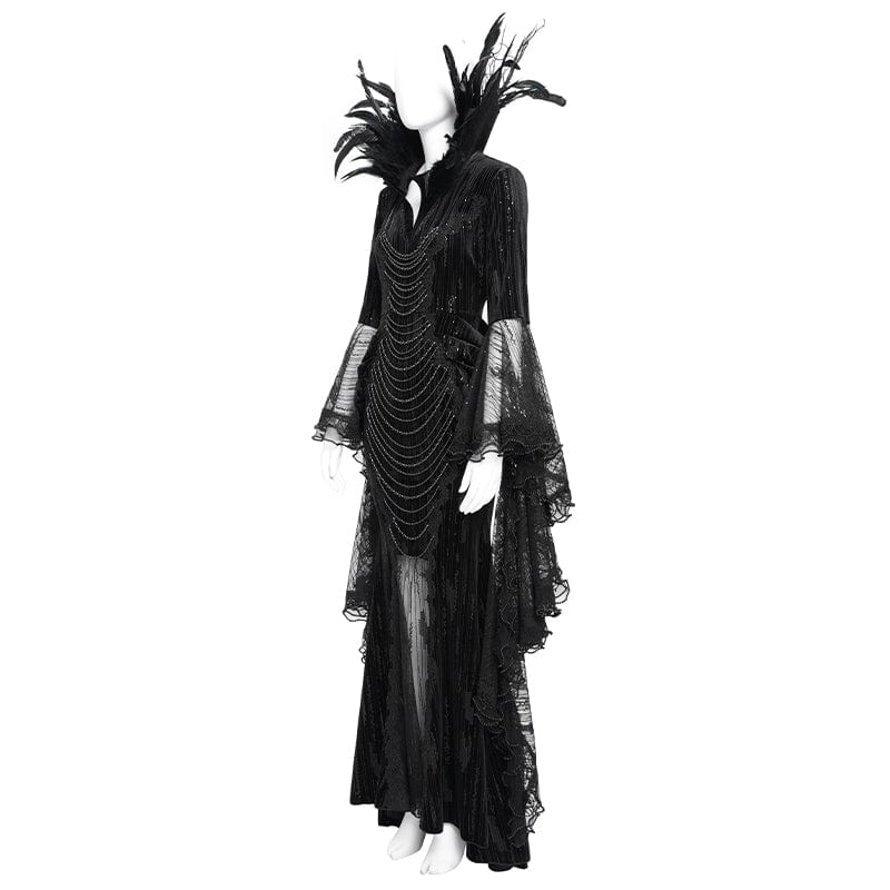 Women's Custom-made Gothic Feather Chain Plunging Long Sleeved Gown Black Dress