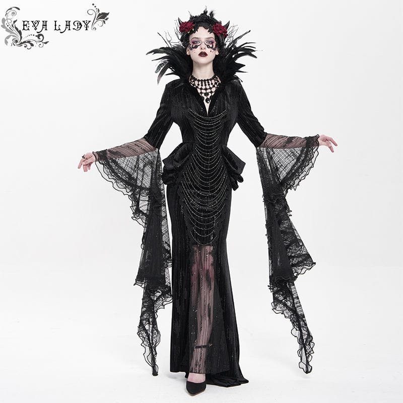 Women's Custom-made Gothic Feather Chain Plunging Long Sleeved Gown Black Dress