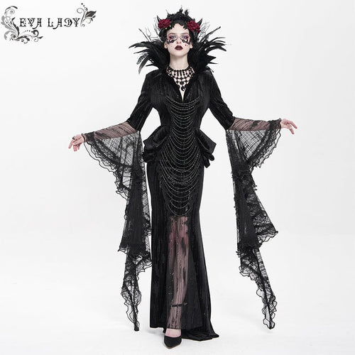 Women's Custom-made Gothic Feather Chain Plunging Long Sleeved Gown Black Dress