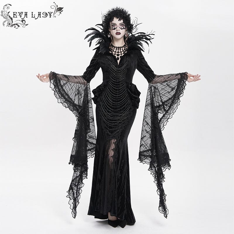 Women's Custom-made Gothic Feather Chain Plunging Long Sleeved Gown Black Dress