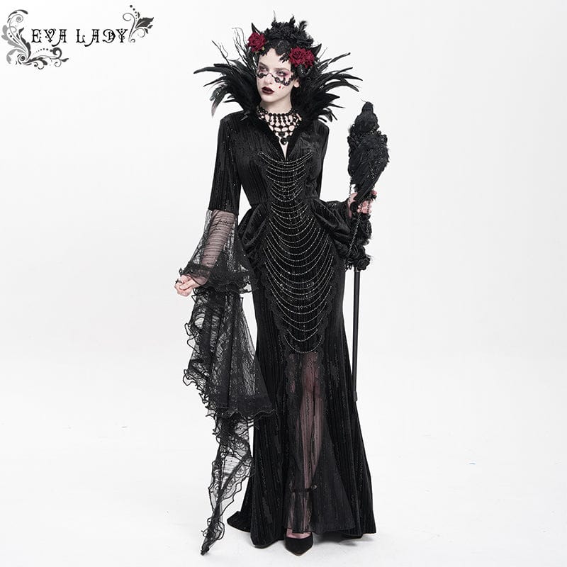 Women's Custom-made Gothic Feather Chain Plunging Long Sleeved Gown Black Dress