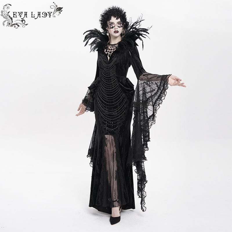 Women's Custom-made Gothic Feather Chain Plunging Long Sleeved Gown Black Dress