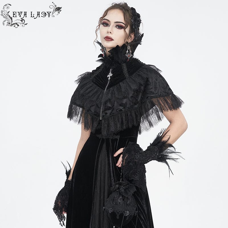 Women's Gothic Lace Splice Velvet Feather Cape